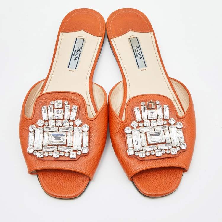 مملوكة مسبقًا Prada Orange Patent Leather Crystal Embellished Flat Slides Size 38