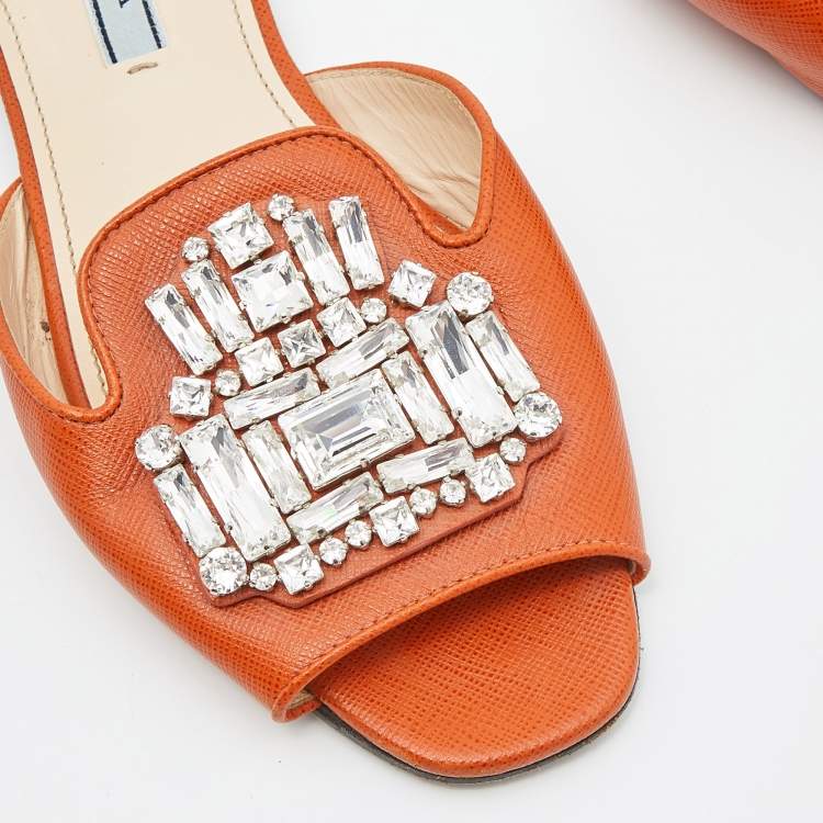 مملوكة مسبقًا Prada Orange Patent Leather Crystal Embellished Flat Slides Size 38