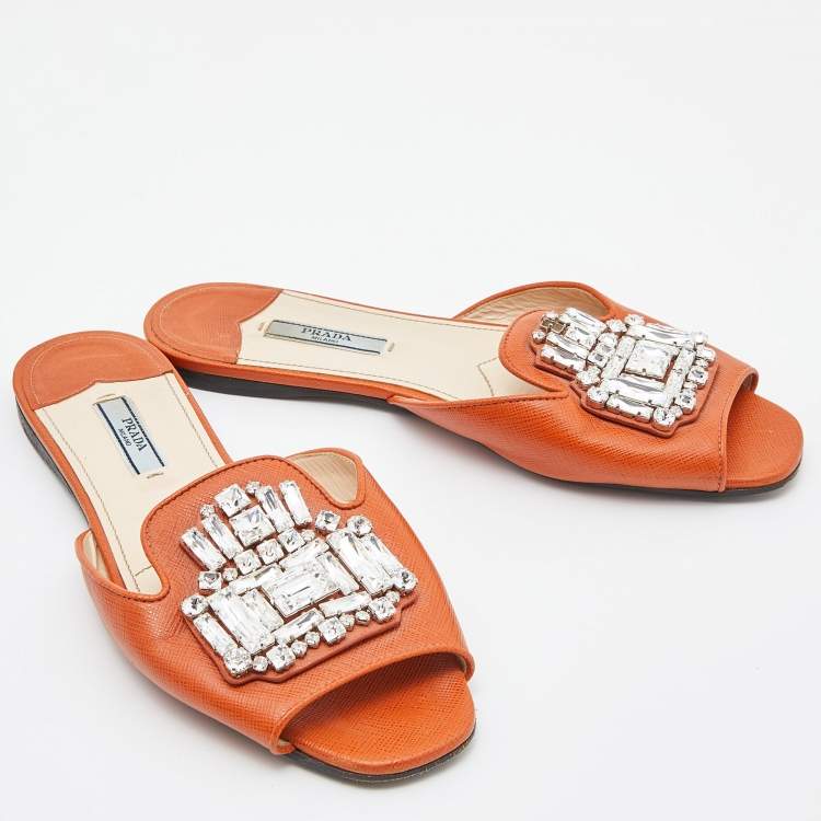مملوكة مسبقًا Prada Orange Patent Leather Crystal Embellished Flat Slides Size 38