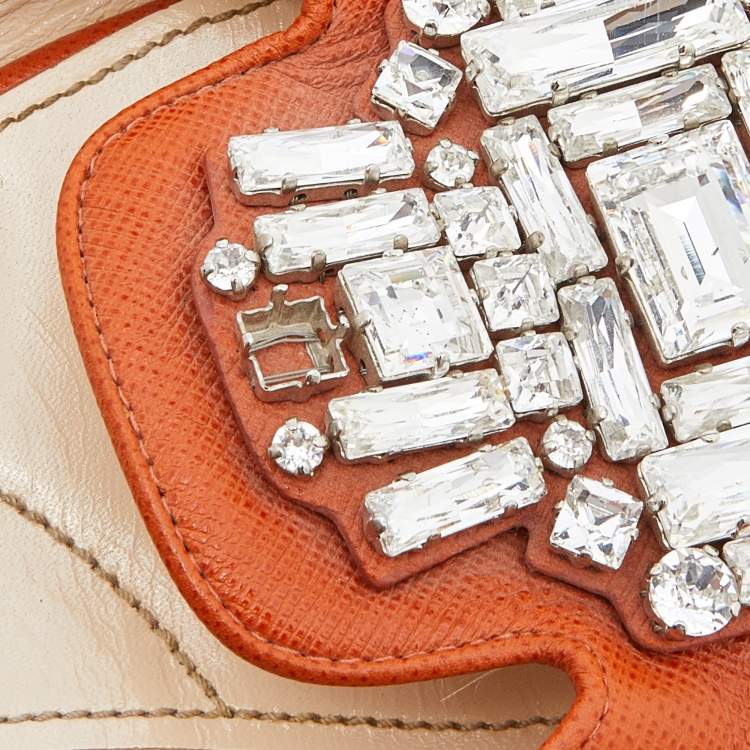 مملوكة مسبقًا Prada Orange Patent Leather Crystal Embellished Flat Slides Size 38