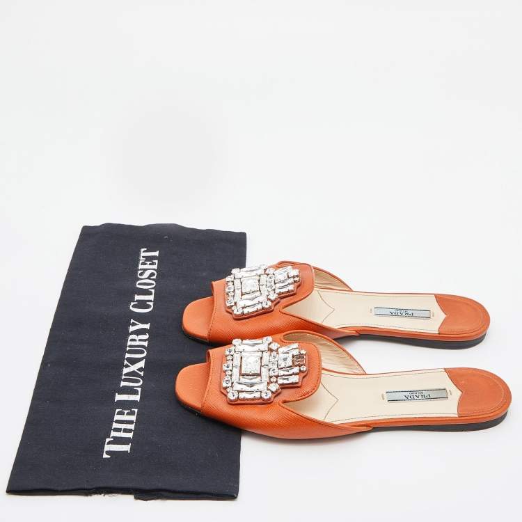 مملوكة مسبقًا Prada Orange Patent Leather Crystal Embellished Flat Slides Size 38