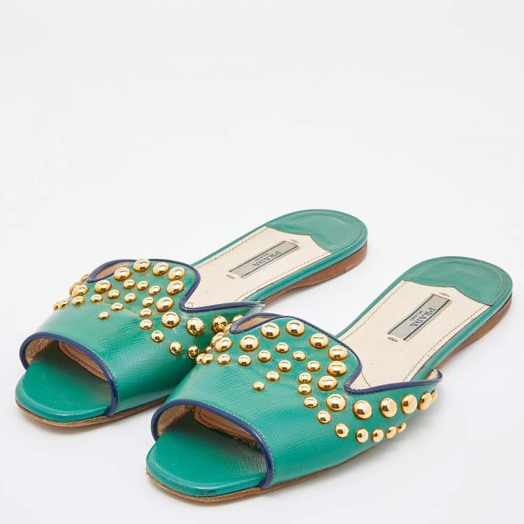 Pre Owned Prada Green Patent Leather Studded Flat Slides Size 38