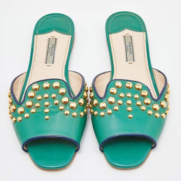 Pre Owned Prada Green Patent Leather Studded Flat Slides Size 38