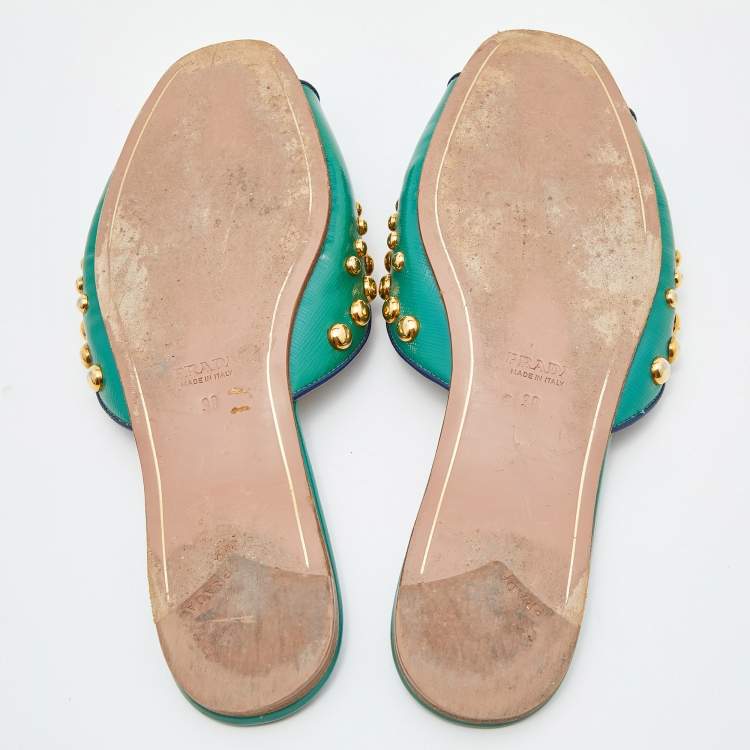 Pre Owned Prada Green Patent Leather Studded Flat Slides Size 38