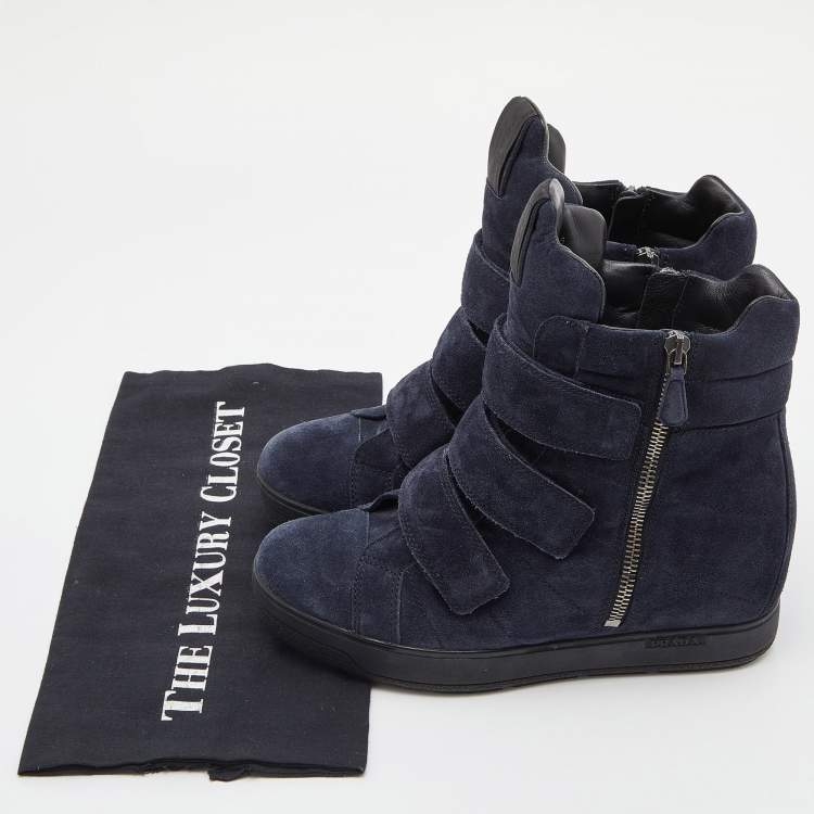 Pre Owned Prada Sport Blue Suede High Top Wedge Sneakers Size 37.5