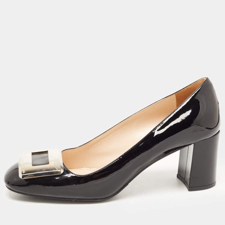 Pre Owned Prada Black Patent Leather Buckle Square Toe Pumps Size 37.5