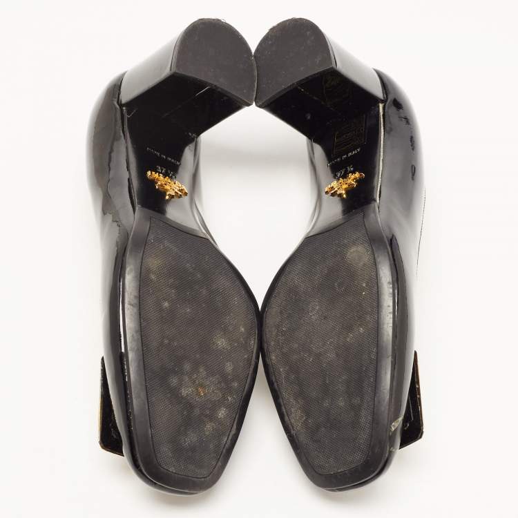 Pre Owned Prada Black Patent Leather Buckle Square Toe Pumps Size 37.5