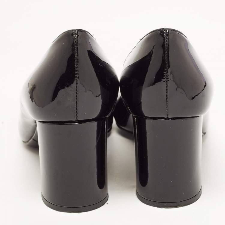 Pre Owned Prada Black Patent Leather Buckle Square Toe Pumps Size 37.5