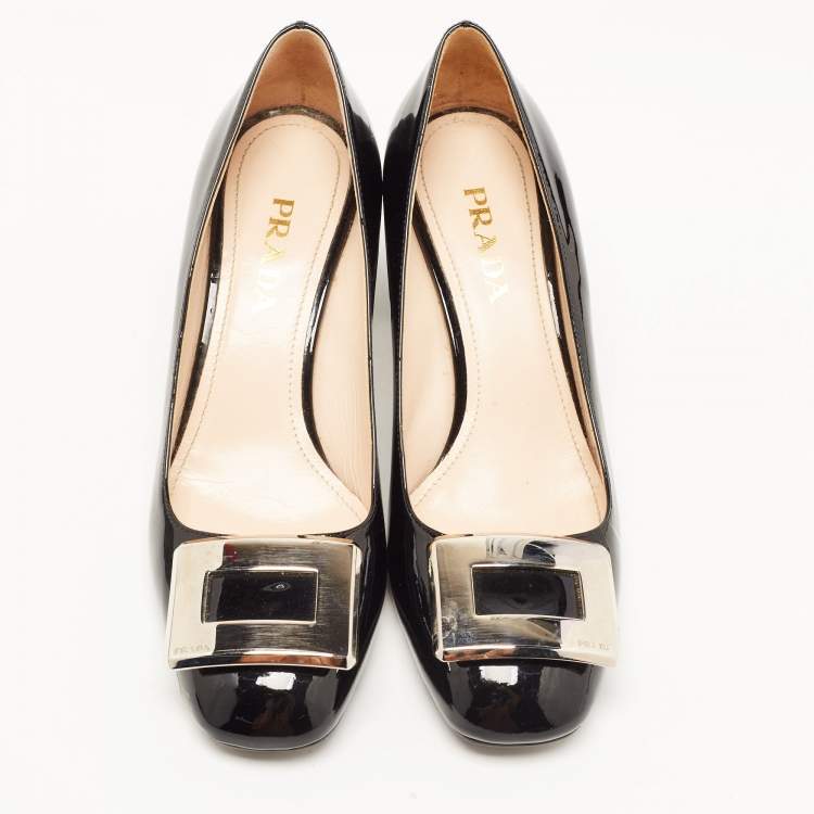 Pre Owned Prada Black Patent Leather Buckle Square Toe Pumps Size 37.5