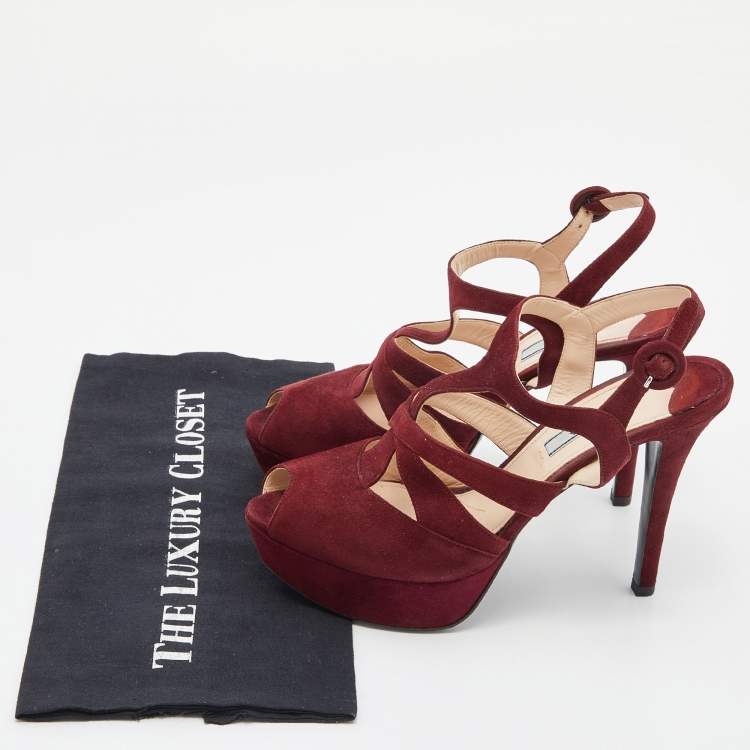 Pre Owned Prada Burgundy Suede Peep Toe Slingback Platform Sandals Size 39