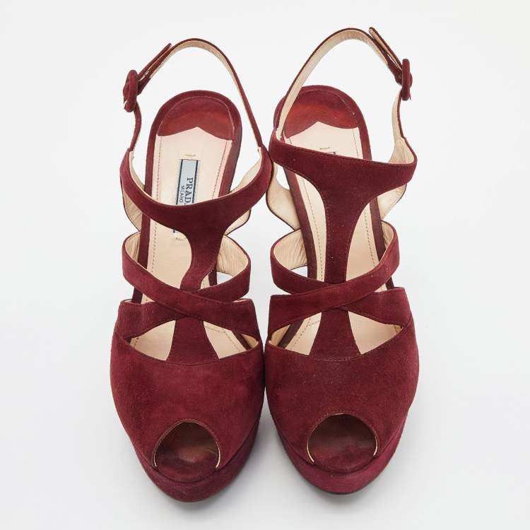 Pre Owned Prada Burgundy Suede Peep Toe Slingback Platform Sandals Size 39