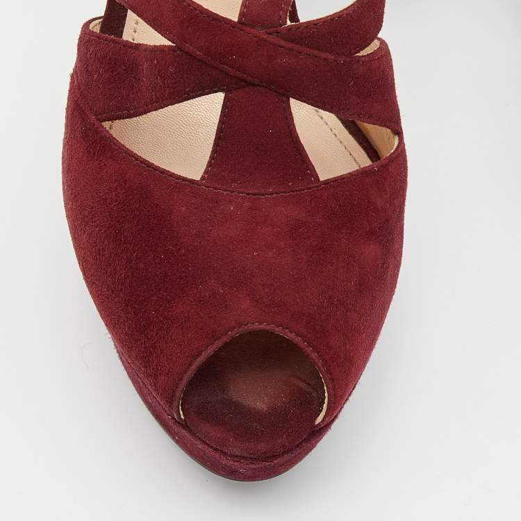 Pre Owned Prada Burgundy Suede Peep Toe Slingback Platform Sandals Size 39