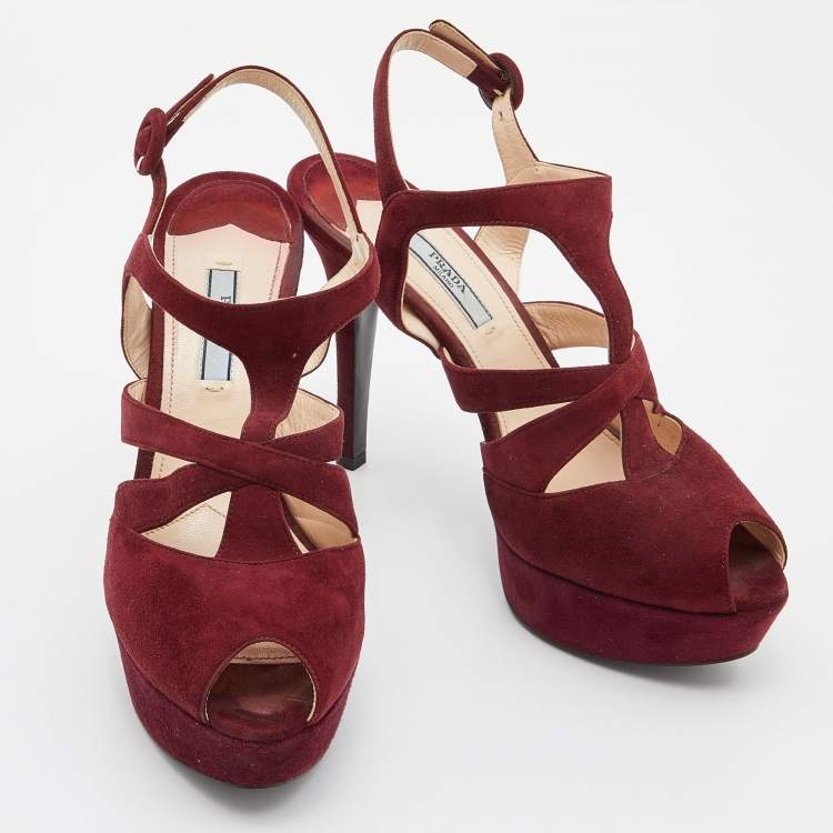 Pre Owned Prada Burgundy Suede Peep Toe Slingback Platform Sandals Size 39