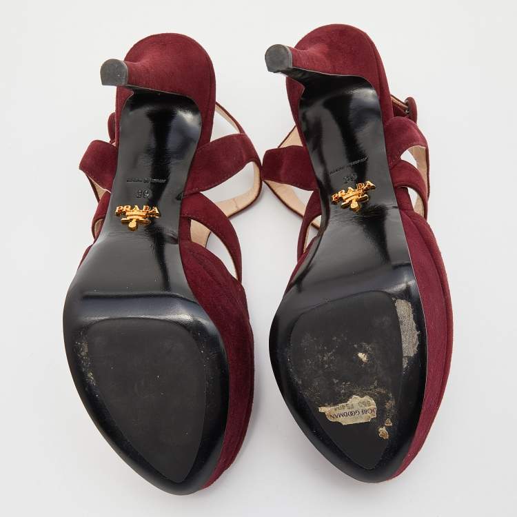 Pre Owned Prada Burgundy Suede Peep Toe Slingback Platform Sandals Size 39