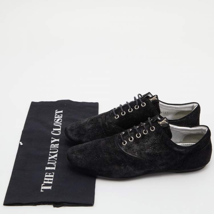 Pre Owned Louis Vuitton Black Glitter Suede Lace Up Oxfords Size 39