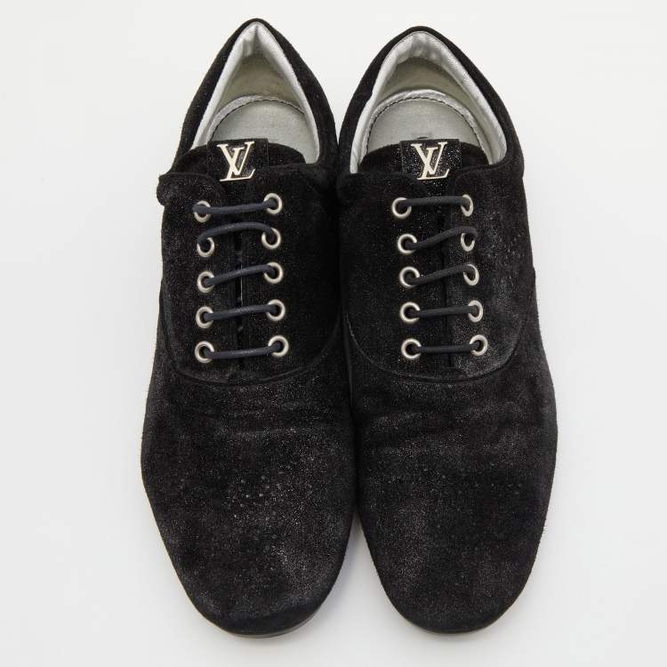 Pre Owned Louis Vuitton Black Glitter Suede Lace Up Oxfords Size 39