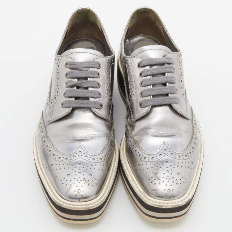 Pre Owned Prada Silver Brogue Leather Derby Espadrille Sneakers Size 37