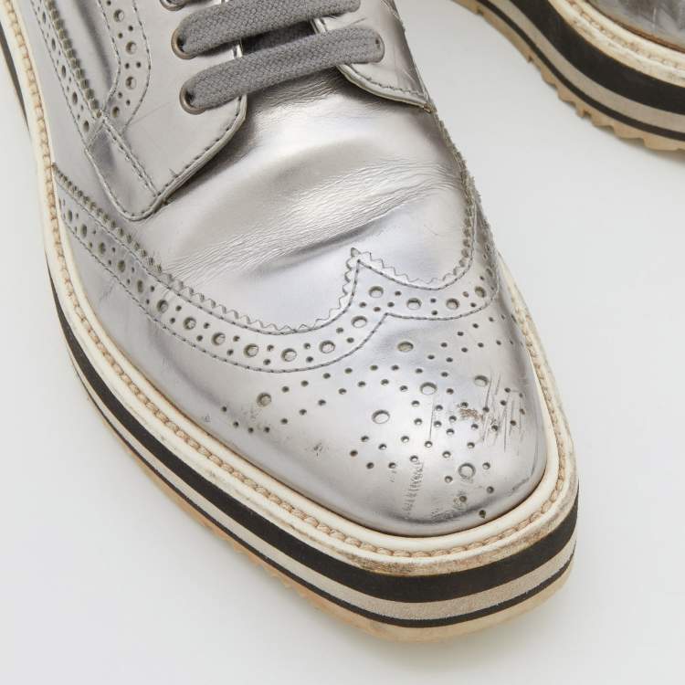 Pre Owned Prada Silver Brogue Leather Derby Espadrille Sneakers Size 37