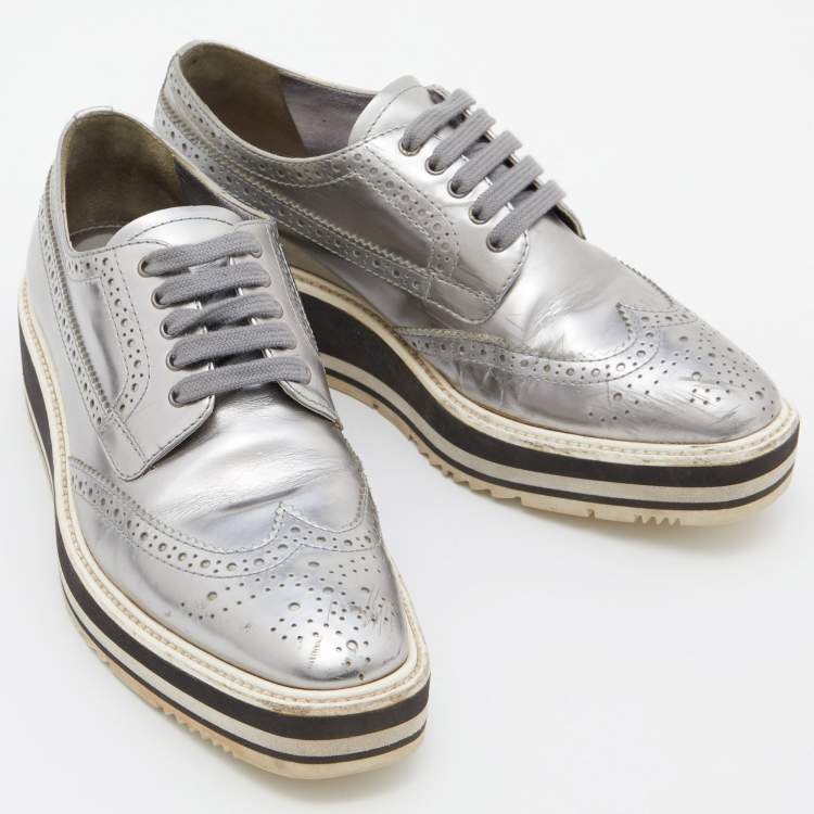 Pre Owned Prada Silver Brogue Leather Derby Espadrille Sneakers Size 37