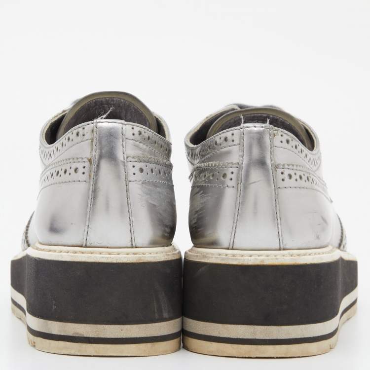 Pre Owned Prada Silver Brogue Leather Derby Espadrille Sneakers Size 37