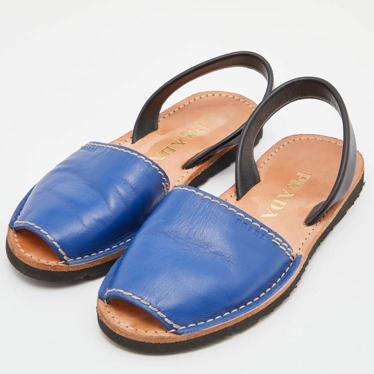 Pre Owned Prada Blue/Black Leather Slingback Flat Slides Size 38