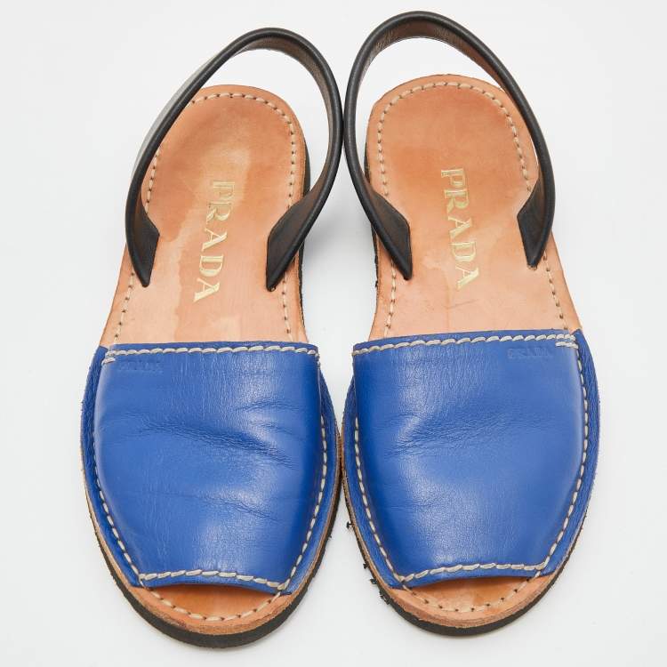 Pre Owned Prada Blue/Black Leather Slingback Flat Slides Size 38