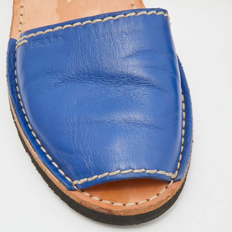 Pre Owned Prada Blue/Black Leather Slingback Flat Slides Size 38