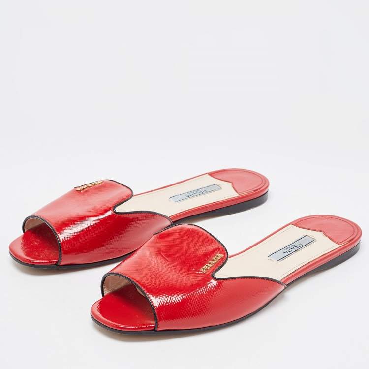 Prada Red Vernice Saffiano Leather Flat Slides Size 36.5 Prada TLC