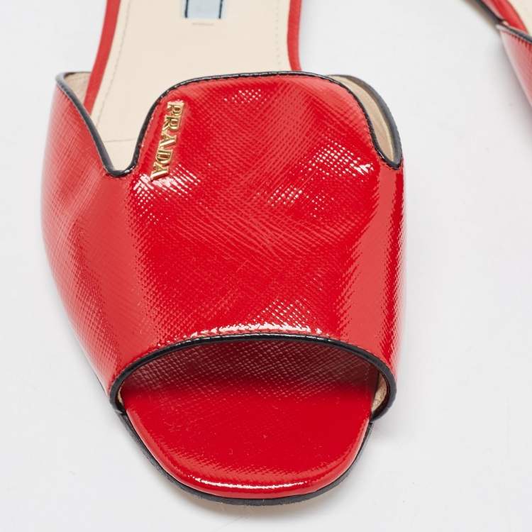 Pre Owned Prada Red Vernice Saffiano Leather Flat Slides Size 36.5
