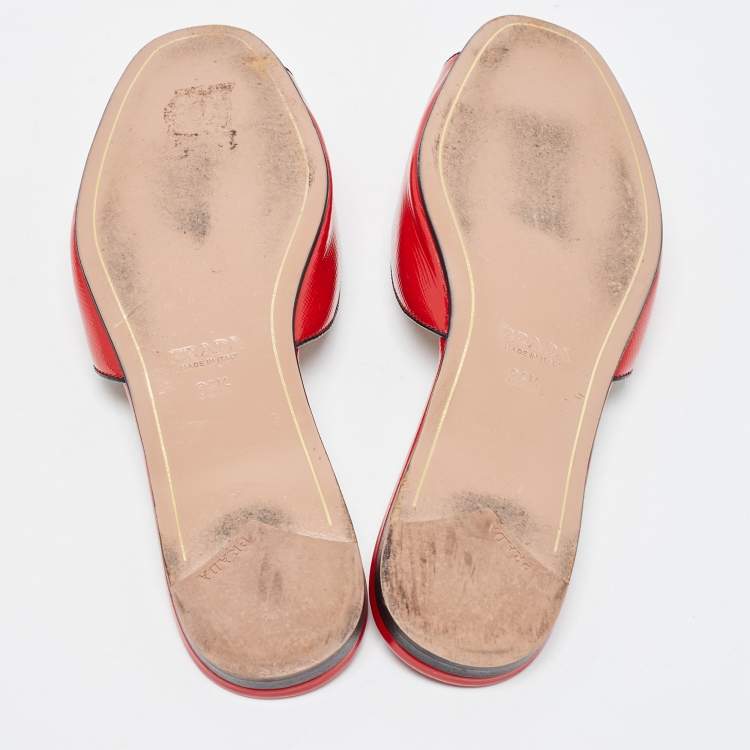 Pre Owned Prada Red Vernice Saffiano Leather Flat Slides Size 36.5
