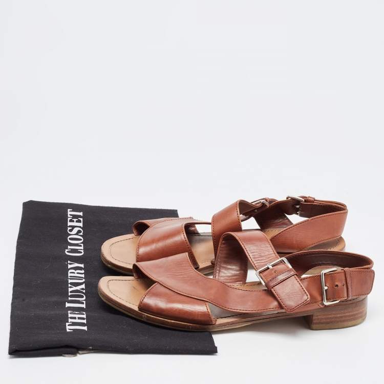 Pre Owned Prada Brown Leather Flat Strappy Sandals Size 38.5