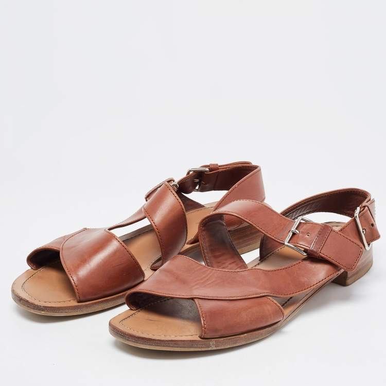 Prada Brown Leather Flat Strappy Sandals Size 38.5 Prada | TLC