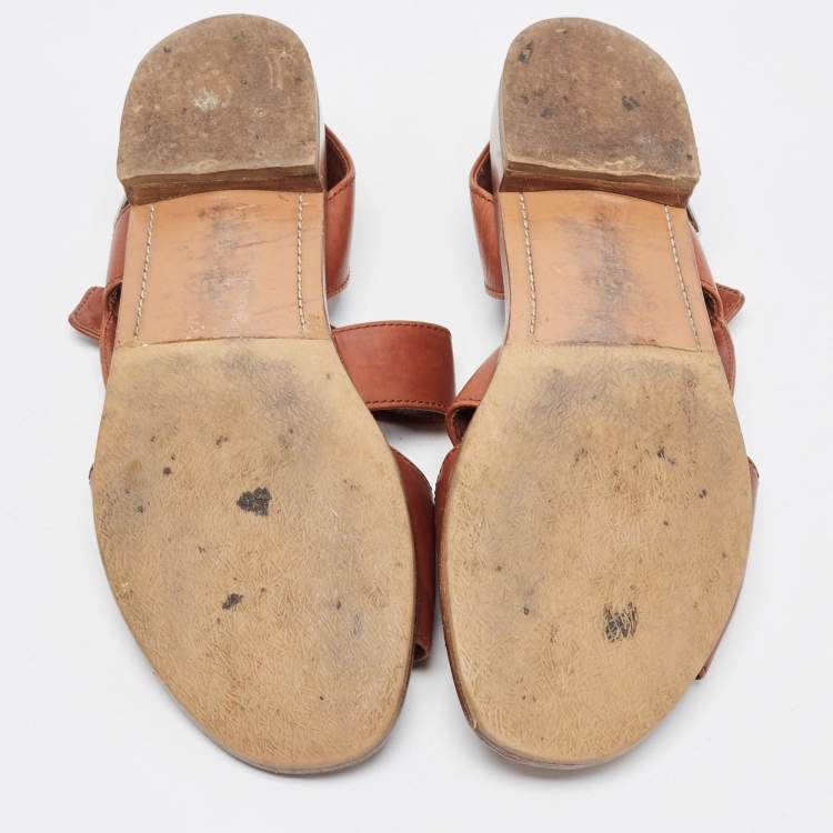 Pre Owned Prada Brown Leather Flat Strappy Sandals Size 38.5