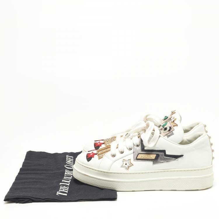 Pre Owned Prada White Leather Robot Queen Patchwork Low Top Sneakers Size 38