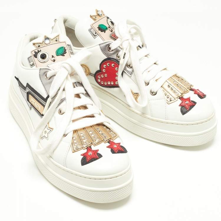 Pre Owned Prada White Leather Robot Queen Patchwork Low Top Sneakers Size 38