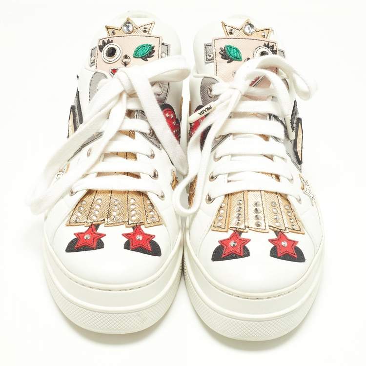 Pre Owned Prada White Leather Robot Queen Patchwork Low Top Sneakers Size 38