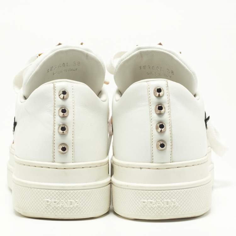 Pre Owned Prada White Leather Robot Queen Patchwork Low Top Sneakers Size 38