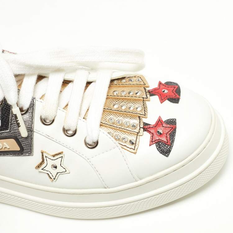 Pre Owned Prada White Leather Robot Queen Patchwork Low Top Sneakers Size 38