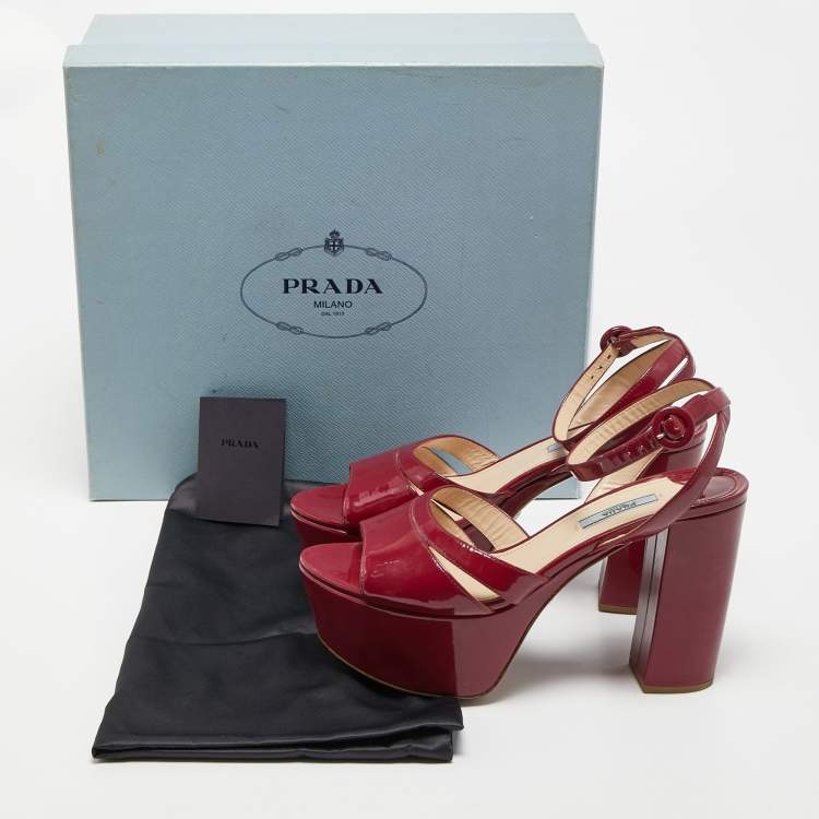Pre Owned Prada Burgundy Patent Leather Ankle Strap Platform Sandals Size 39.5