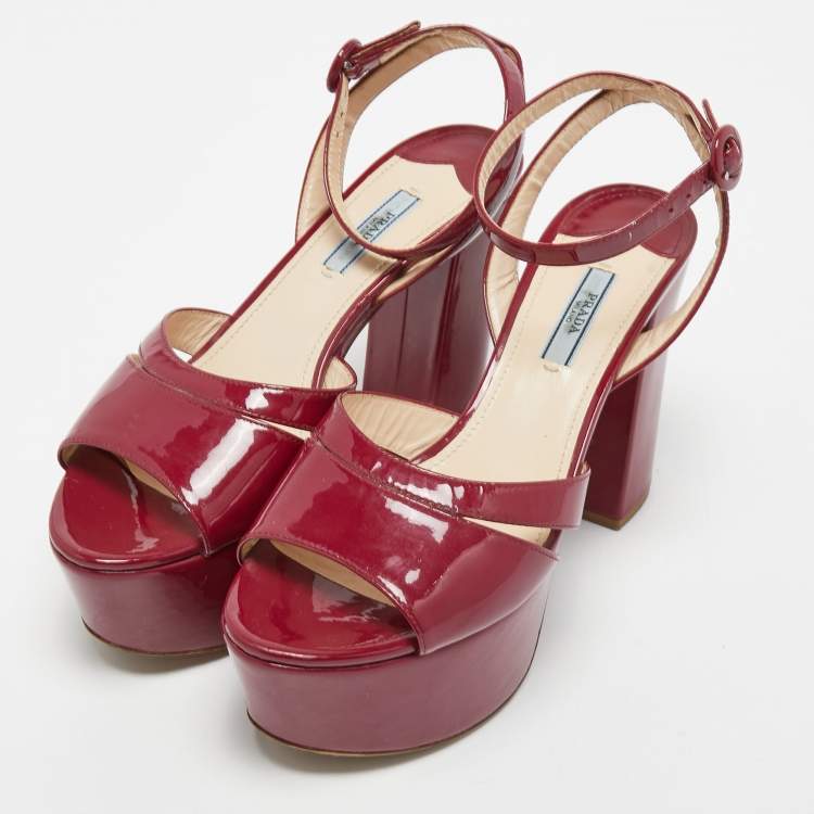 Pre Owned Prada Burgundy Patent Leather Ankle Strap Platform Sandals Size 39.5