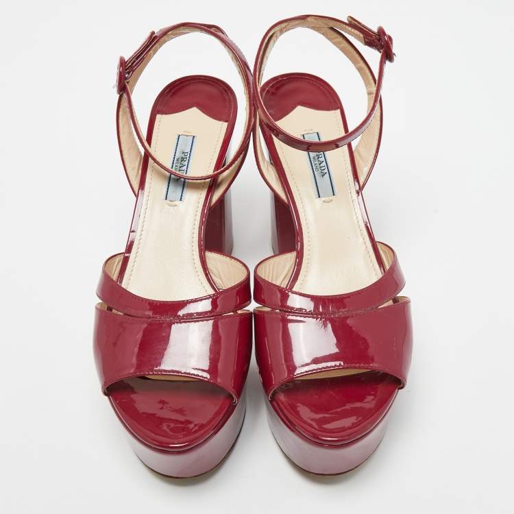 Pre Owned Prada Burgundy Patent Leather Ankle Strap Platform Sandals Size 39.5