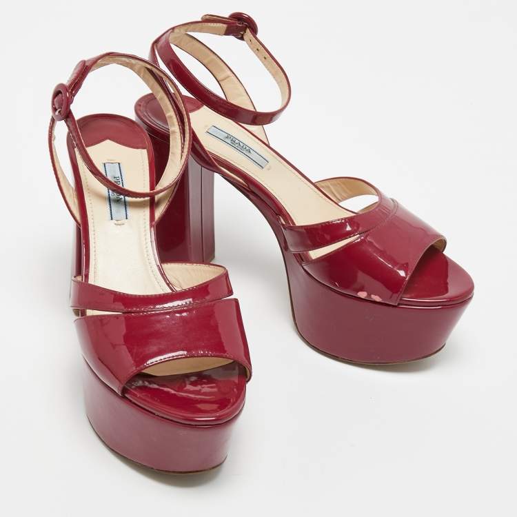 Pre Owned Prada Burgundy Patent Leather Ankle Strap Platform Sandals Size 39.5