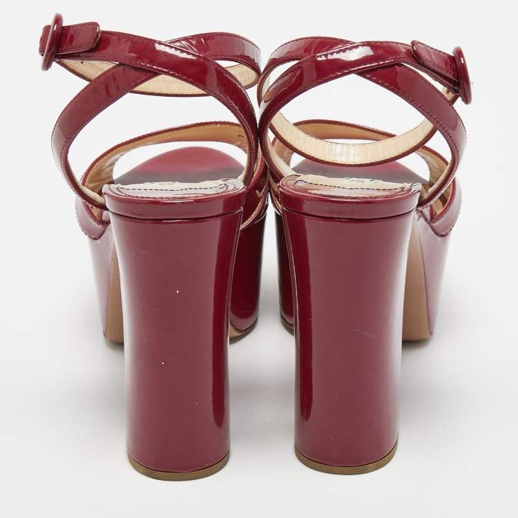 Pre Owned Prada Burgundy Patent Leather Ankle Strap Platform Sandals Size 39.5