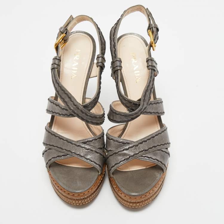 Pre Owned Prada Grey Leather  Platform Ankle Strap Sandals Size 38.5