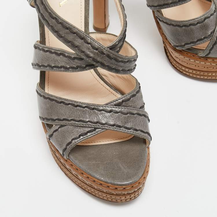 Pre Owned Prada Grey Leather  Platform Ankle Strap Sandals Size 38.5