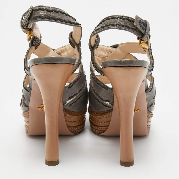 Pre Owned Prada Grey Leather  Platform Ankle Strap Sandals Size 38.5