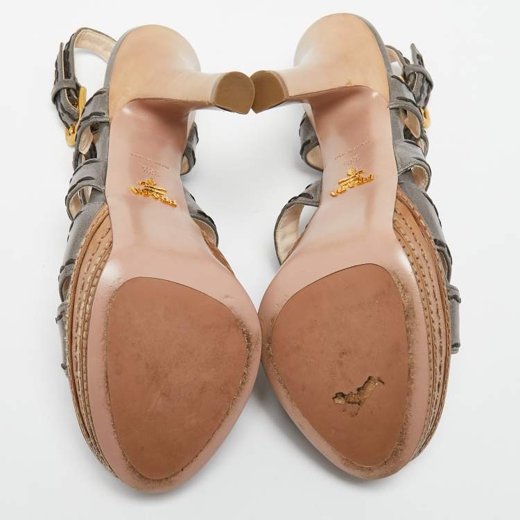 Pre Owned Prada Grey Leather  Platform Ankle Strap Sandals Size 38.5