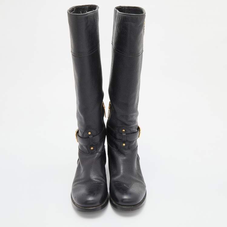 Pre Owned Prada Black Leather Zip Knee Length Boots Size 37