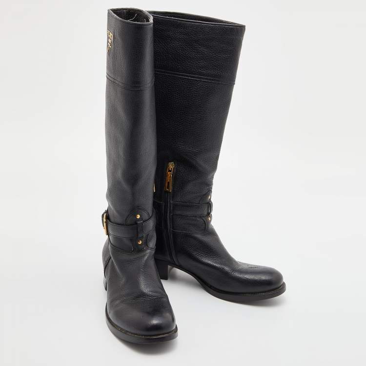 Pre Owned Prada Black Leather Zip Knee Length Boots Size 37