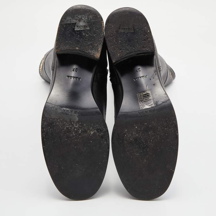 Pre Owned Prada Black Leather Zip Knee Length Boots Size 37